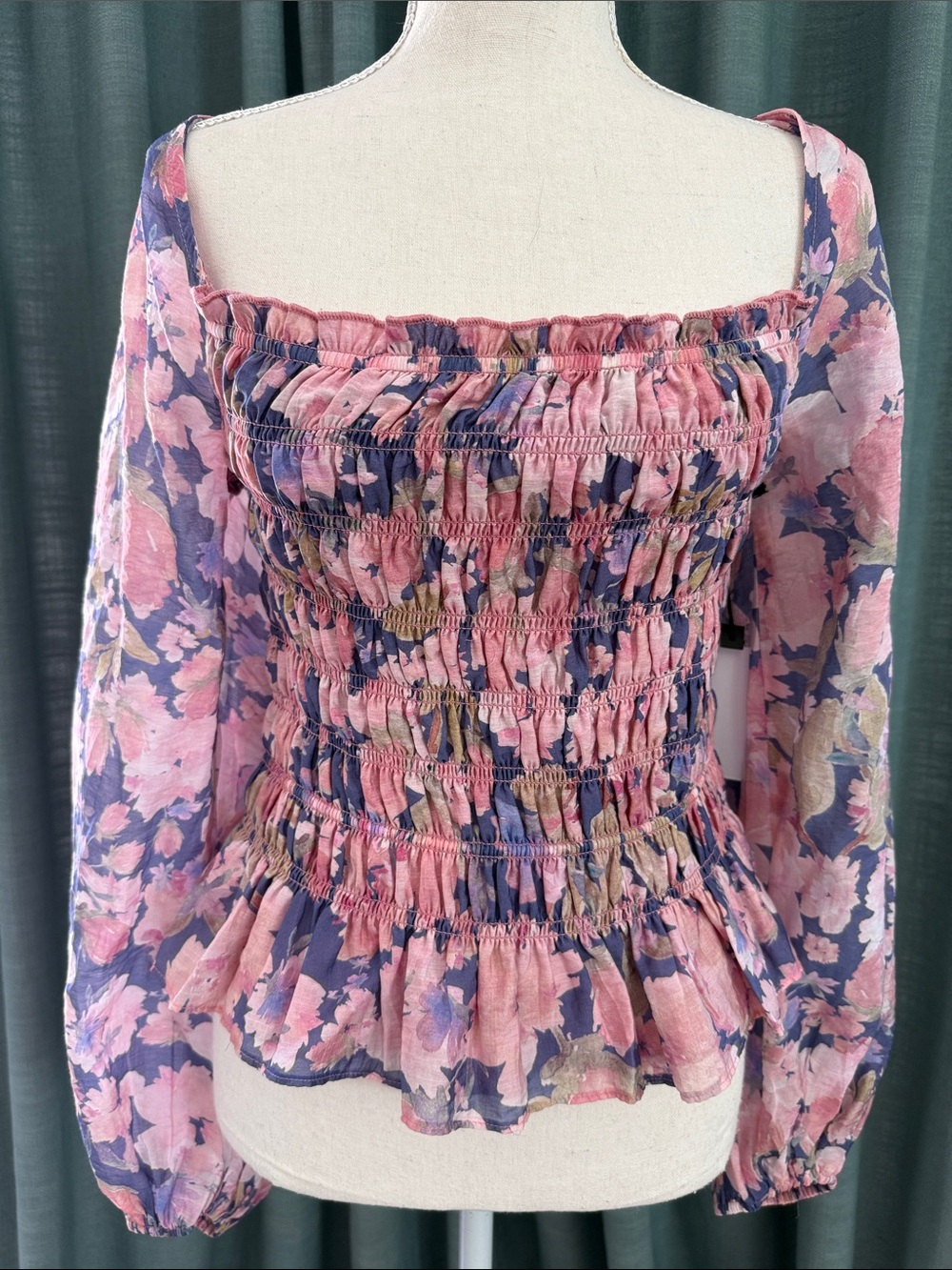 Astr Smocked Floral Peplum Blouse — Pink & Blue